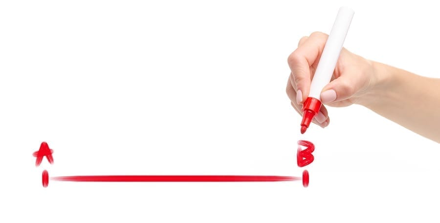 Hand drawing a line from point A to point B red marker isolated on white background