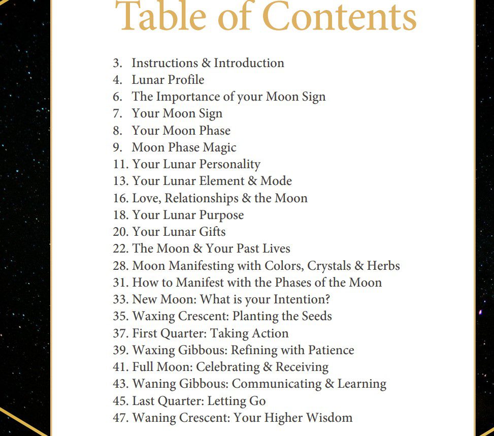 table of contents moon reading